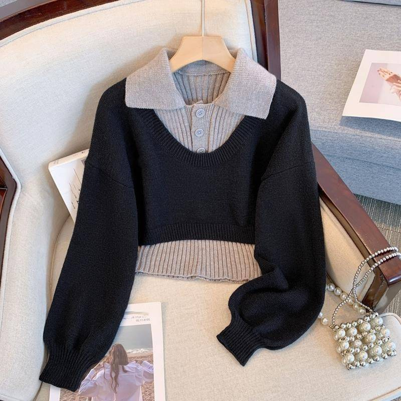 Vêtements pour femmes Pull deux pièces Femme New Age réduisant le style occidental Col polo Pull court en tricot Haut_voghion.com