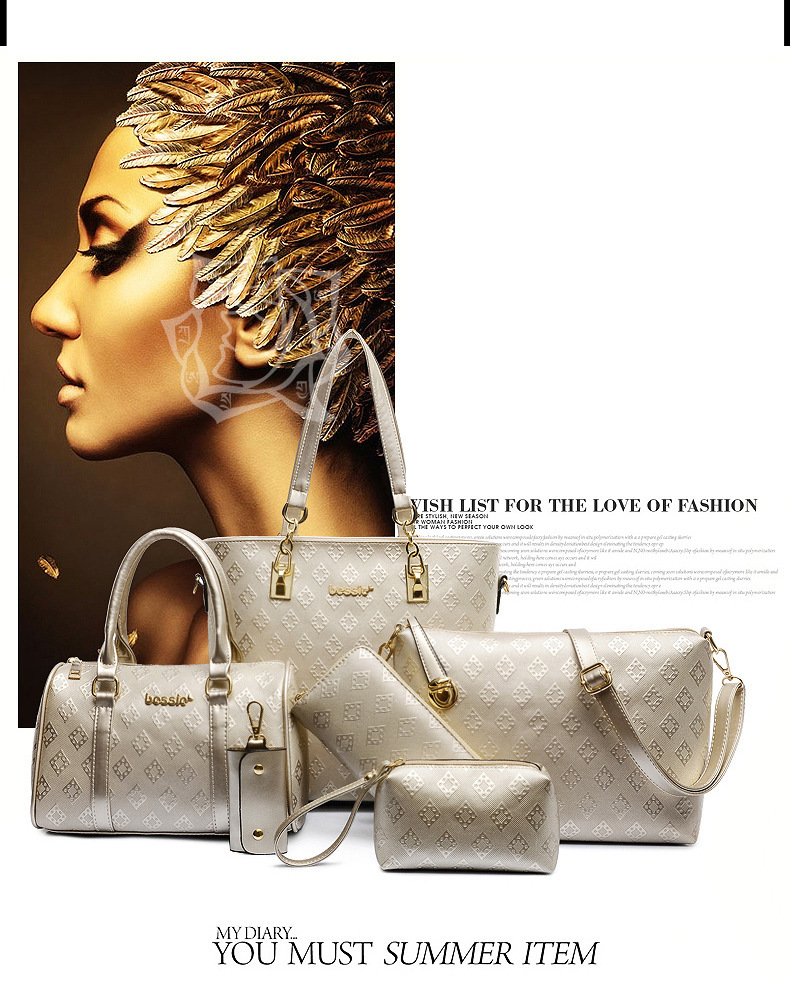Set di borse da donna, elegante borsa da donna con motivo a rombi in rilievo, borsa a mano con tracolla a sei pezzi_voghion.com