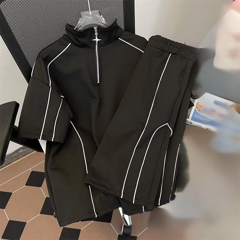 Conjunto de camiseta y pantalón corto de verano para hombre - Ropa deportiva transpirable de mezcla de algodón para gimnasio, running y ropa informal - Blanco/Negro (Tallas M-3XL)_voghion.com