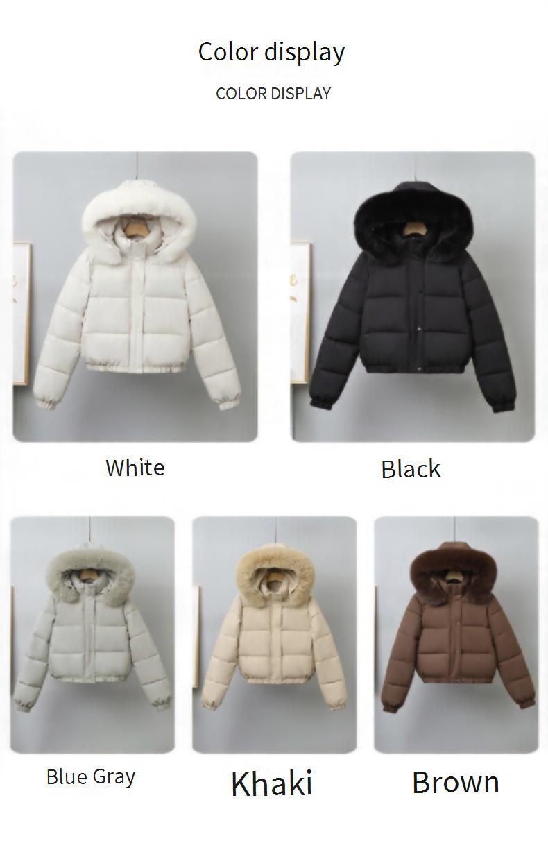 Gewatteerde winterjas met imitatiebontafwerking – korte gewatteerde jas voor dames (zwart/bruin/blauwgrijs/kaki/wit, M-XXXL)_voghion.com