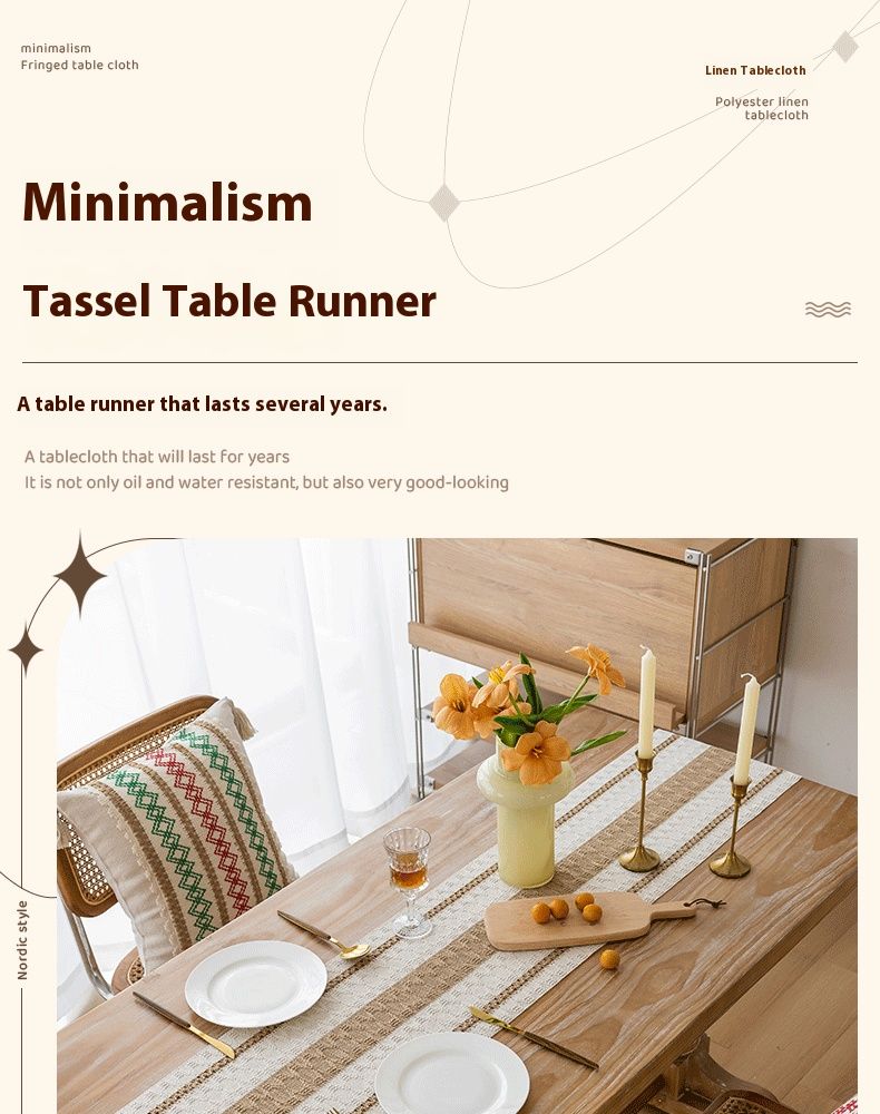 Bohemian Striped Table Runner With Fringe – Waterproof & Oil-Resistant Cotton Linen Dining Decor (Handwoven Tassel Design, Multiple Sizes)_voghion.com