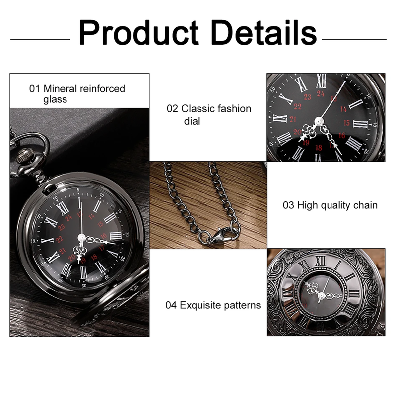 Retro British Quartz Pocket Watch Charm Black Neutral Fashion Roman Digital Quartz Steampunk Pocket Watch Necklace Pendant With Chain_voghion.com