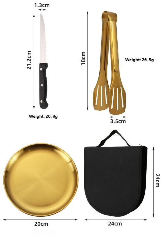 Outdoor-Edelstahl-Geschirrset, tragbarer, hochwertiger Grillteller für Reisen und Camping, Grillzange, Messer, Gabeln und Löffel_voghion.com