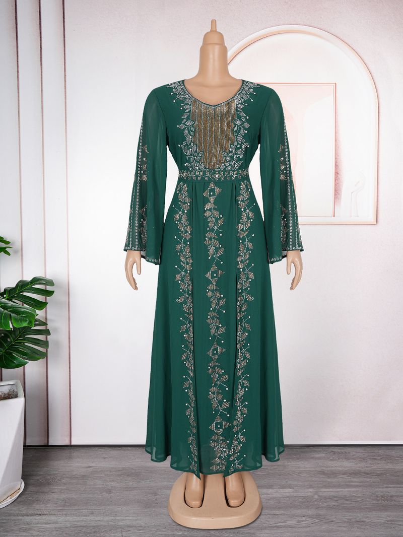 Elegantes Langarm-Maxikleid mit Strassverzierung, schlichtes muslimisches Abendkleid für Damen, A-Linien-Abendkleid in Übergröße (Grün/Violett/Schwarz)_voghion.com