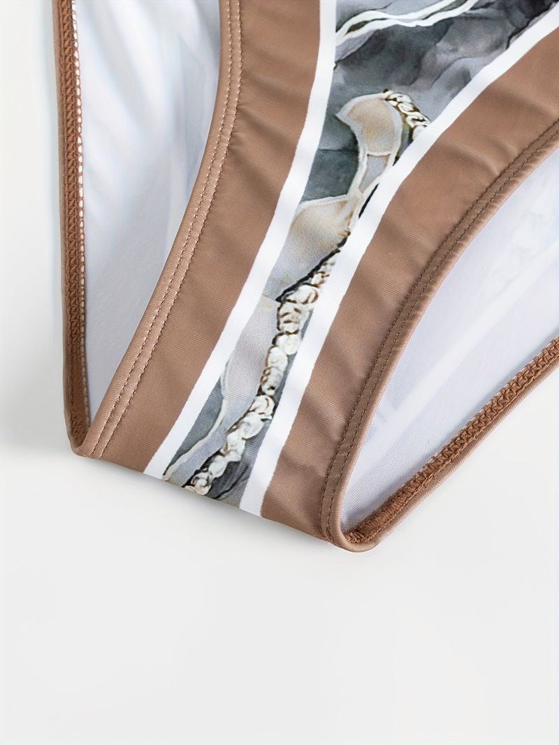 Plus Size Retro Tankini Set, Women's Plus Marble Print Tie Shoulder One Piece Swimsuit & Skirt Two Piece Bathing Suit_voghion.com