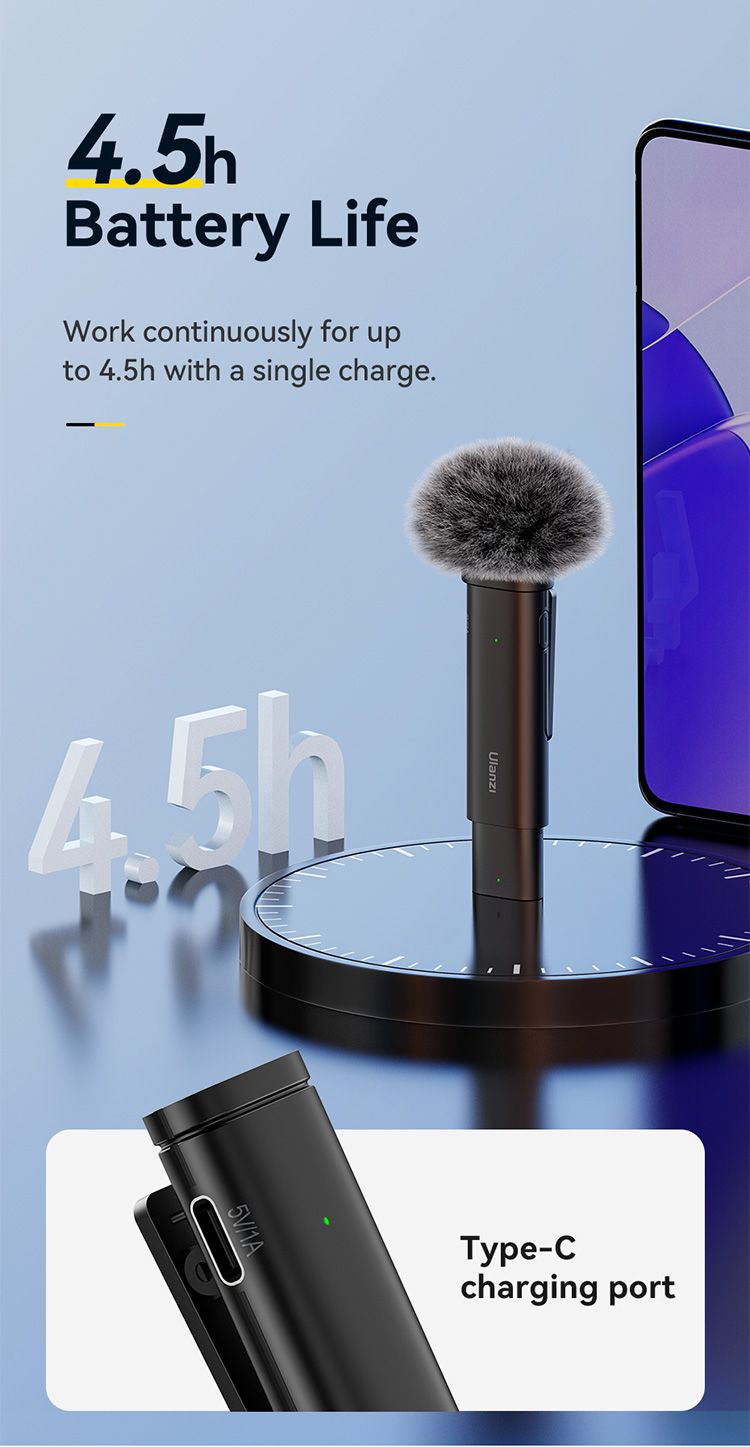 Ulanzi WM-10 vezeték nélküli csíptetős mikrofon 1 mikrofonhoz USB-C Android iPhone-hoz szélálló szivaccsal élő közvetítéshez_voghion.com