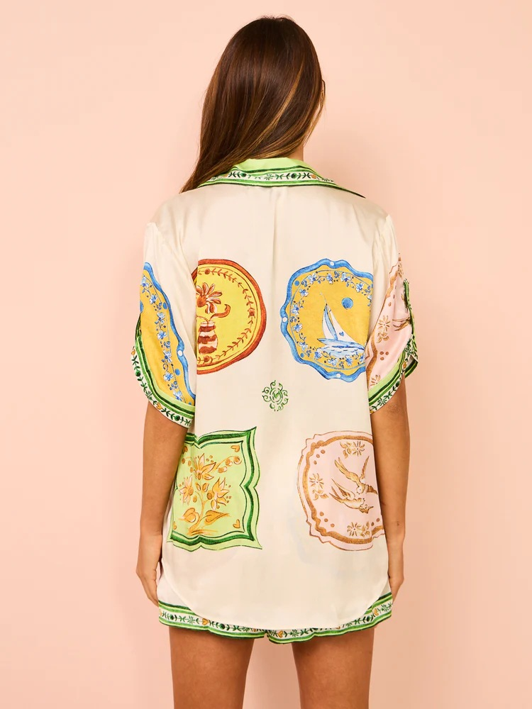 Ladies summer new loose casual shorts fashionable all-match printed satin shirt collar two sets_voghion.com