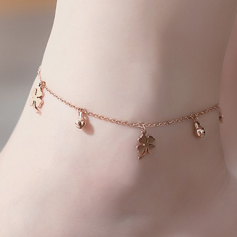 Shuosbai Lucky Clover Bells Charm Fußkettchen Fußkette Damen Sommer Sandale Knöchelarmband_voghion.com