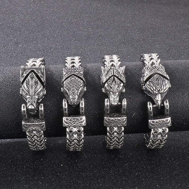 Wikinger-Punk-Armband für Herren mit Adlerschnabel- und Wolfskopf-Design, wendbare Edelstahlkette für einen mutigen Stil_voghion.com