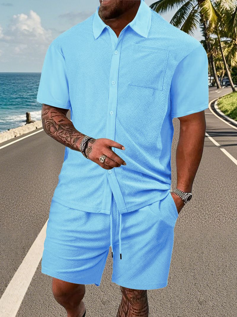 Men's Clothing New Casual Button Solid Color Cross Pattern Towel Jacquard Cloth Short Sleeved Shorts Suit_voghion.com