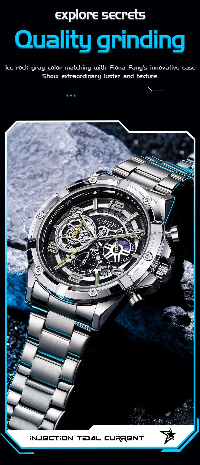 Reloj cronógrafo de negocios para hombre con manecillas luminosas, indicador de fecha y correa de acero inoxidable. Elegante caja de 42 mm y resistente al agua hasta 30 m._voghion.com