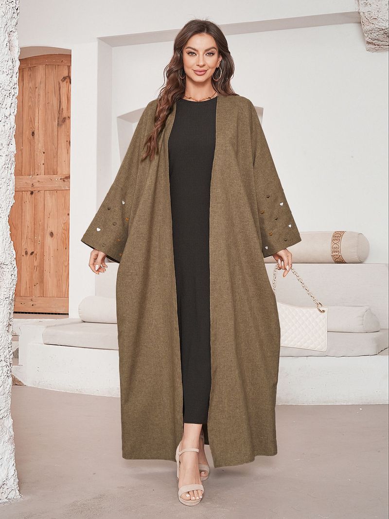 Damenbekleidung, elegantes, besticktes, herzförmiges Muster, langes muslimisches Kleid im Cardigan-Stil, modisches Polyestergewebe, zweifarbige Robe_voghion.com