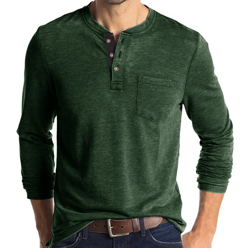 Henley-T-Shirts für Herren mit Knopfleiste, langen Ärmeln und Tasche, entspannte Passform, 100 % schwere Baumwolle_voghion.com