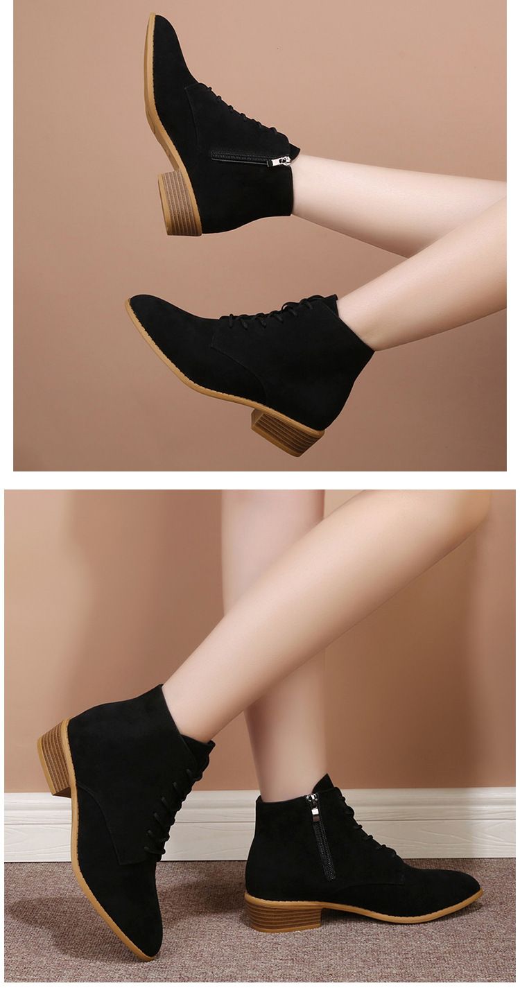 Cizme Martin cu toc pătrat, stil britanic, culoare solidă, cu șireturi ascuțite, mărime Plus, pentru femei, toamna și iarna_voghion.com