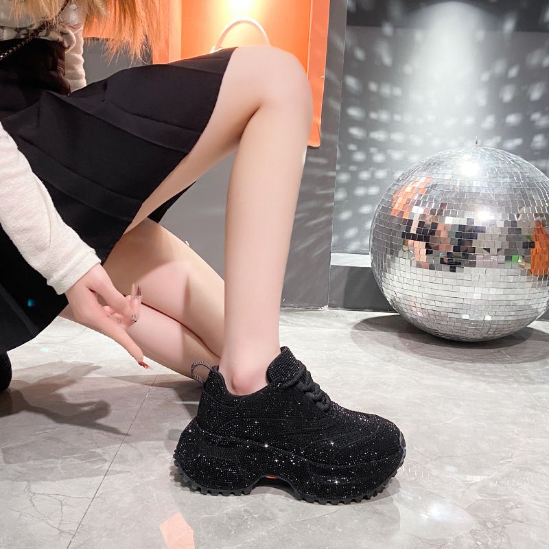 Modische Damen-Sneaker mit Strasssteinen – klobige Plateauschuhe für mehr Körpergröße, atmungsaktives Obermaterial aus PU, lässige und trendige Low-Top-Schnürschuhe_voghion.com
