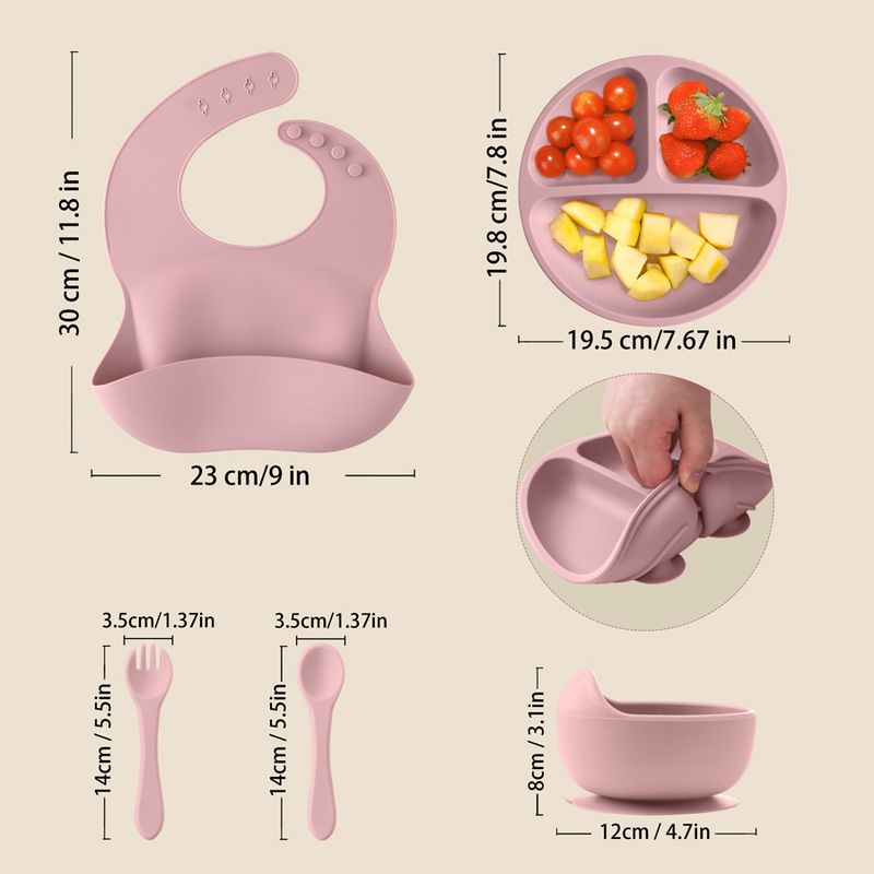 Juego de 5 piezas de alimentación de silicona para bebés, plato de comedor redondo, tazón con ventosa, platos para niños, babero impermeable, vajilla para niños, taza con pajita_voghion.com