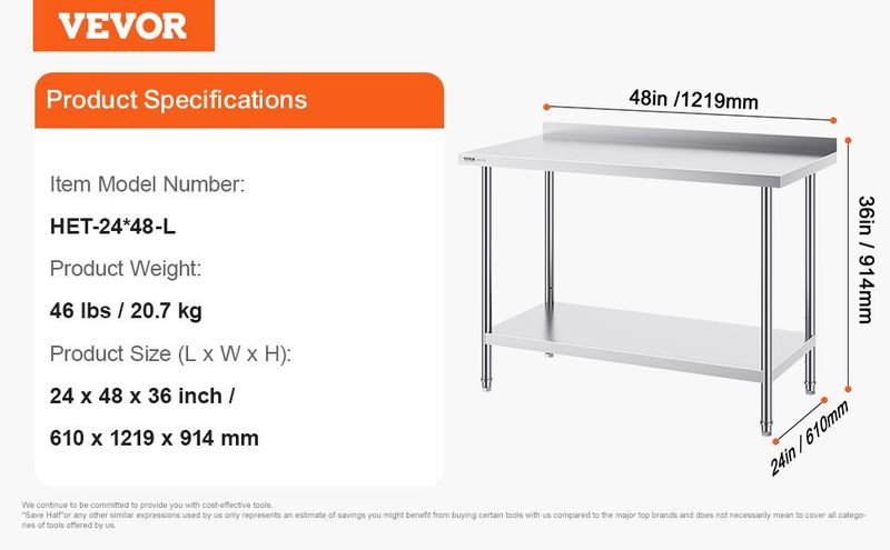 VEVOR 24 X 48 X 36 Inch Stainless Steel Work Table, Commercial Food Prep Worktable Heavy Duty Prep Worktable, Metal Work Table With Adjustable Height For Restaurant, Home And Hotel_voghion.com
