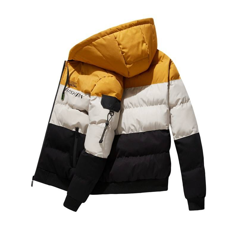 Men’s Reversible Winter Jacket – Thickened Cotton Blend Zip-Up Coat, Detachable Hood & Ribbed Hem (L-4XL, Khaki/Red/Yellow)_voghion.com