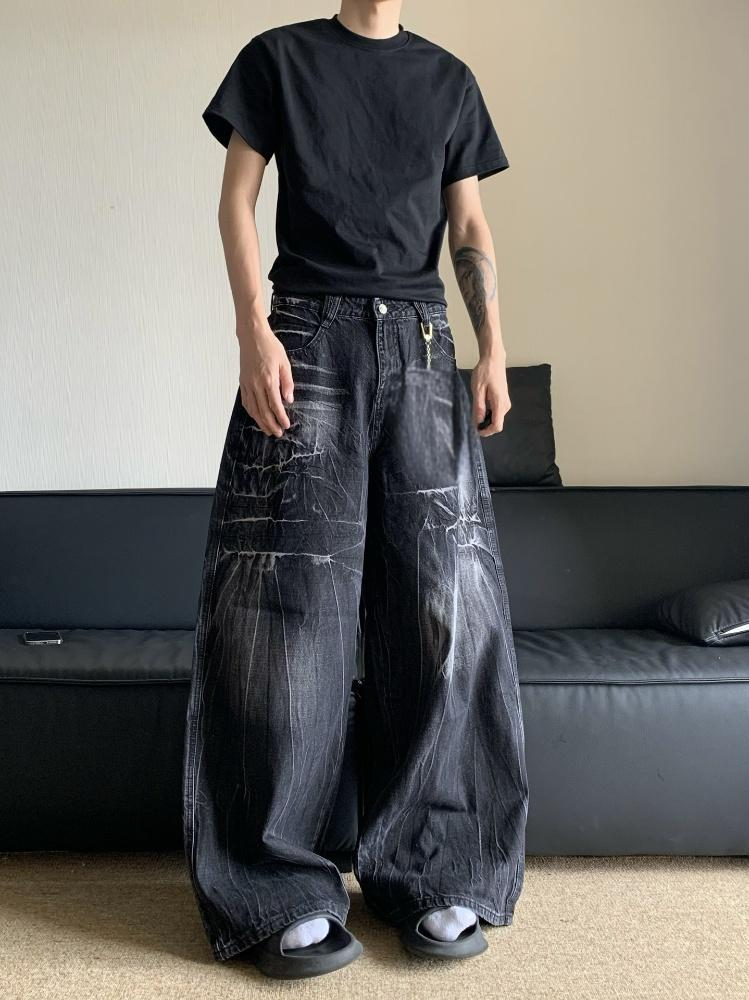 Vintage Washed Distressed Jeans für Herren – Relaxed Fit Hose mit weitem Bein und Blitzstreifen-Design_voghion.com