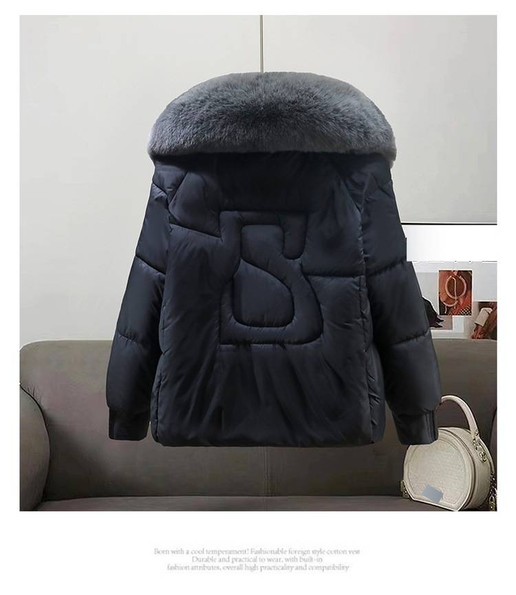 Women's Winter Puffer Jacket With Detachable Rabbit Fur Hood - Fashionable Quilted Coat, Oversized Fit, Short Length, Polyester Shell_voghion.com