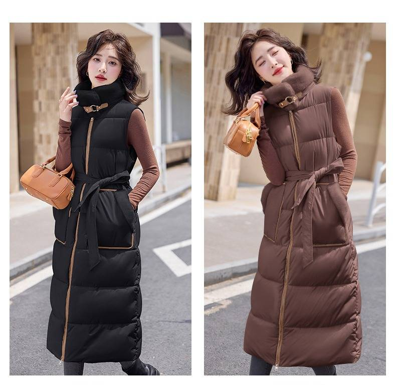 Gilet long sans manches à capuche pour femme, fermeture éclair réversible, taille cintrée, doudoune matelassée légère pour le travail et les loisirs._voghion.com