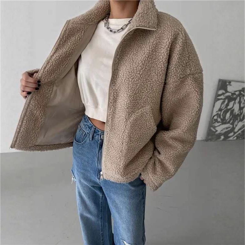 Giacca in pile oversize da donna – Cappotto corto in peluche con cerniera, collo alto e maniche lunghe (S-XXL, poliestere, abbigliamento casual da strada)_voghion.com