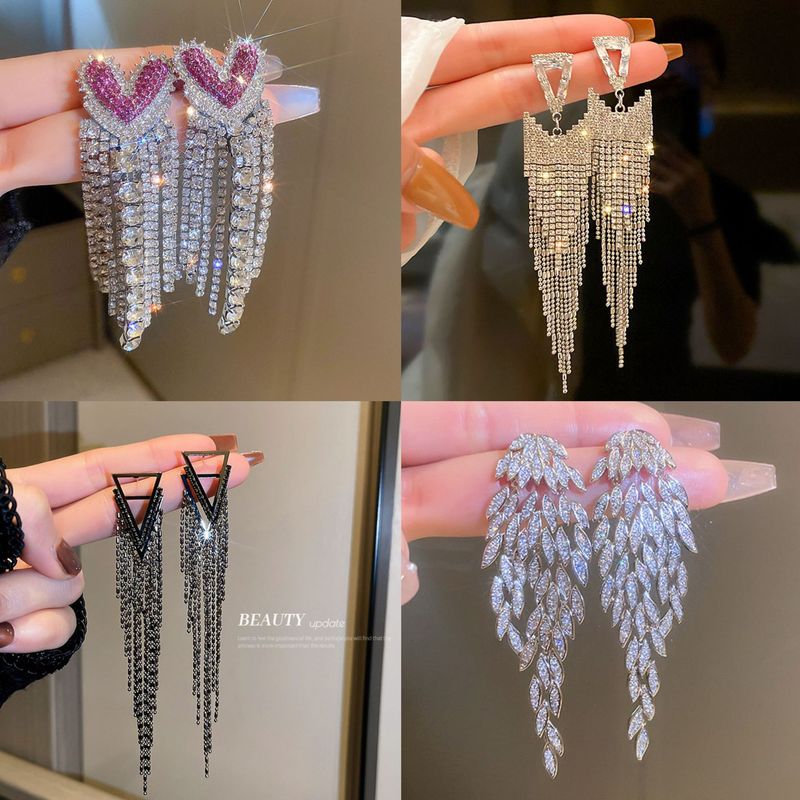 Silver Needle Artificial Pearl Full Diamond Triangular Geometric Tassel Light Luxury Fashionable Earrings, Niche_voghion.com