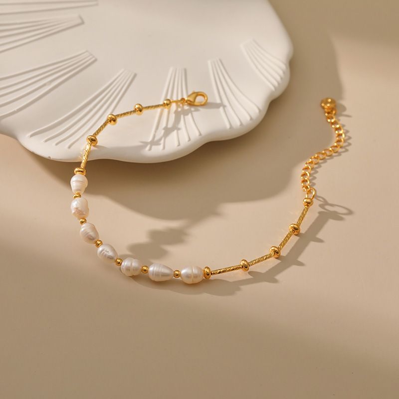 Copper plated K gold natural freshwater pearl gold round bead copper chain design is not easy to allergic elegant texture women's bracelet_voghion.com