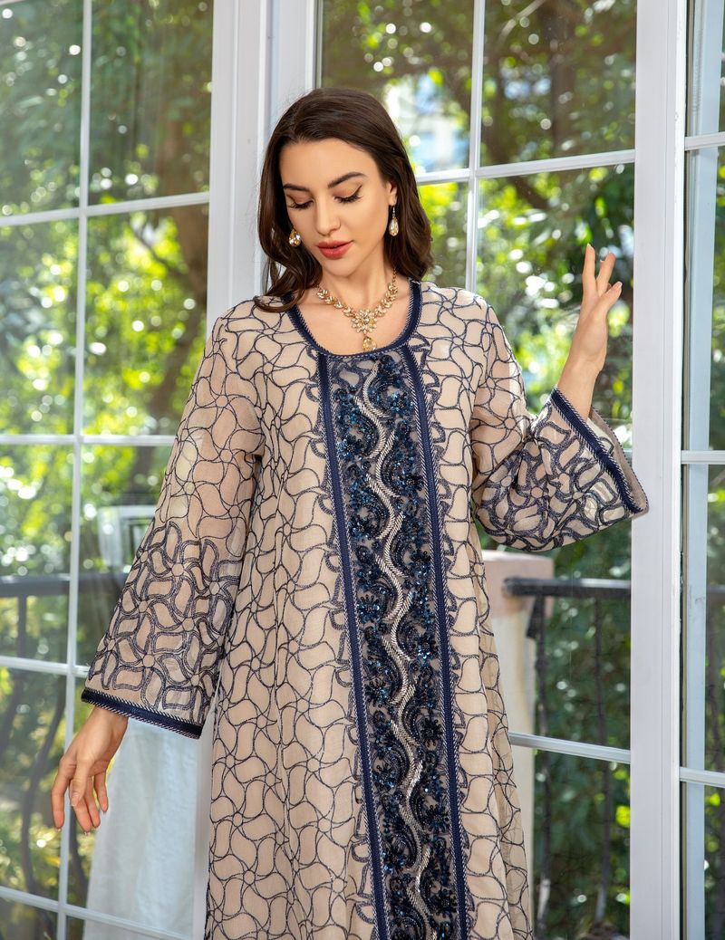 Women's Clothing Muslim Sequin Embroidery Fashion Mesh Embroidery Dress Jalabiya Robe Dubai Robe_voghion.com