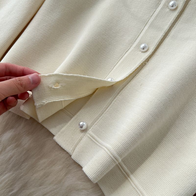 Elegantes Strickkleid- und Cardigan-Set – Perlenverziertes ärmelloses Etuikleid mit langärmligem Überwurf (Schwarz, Beige)_voghion.com