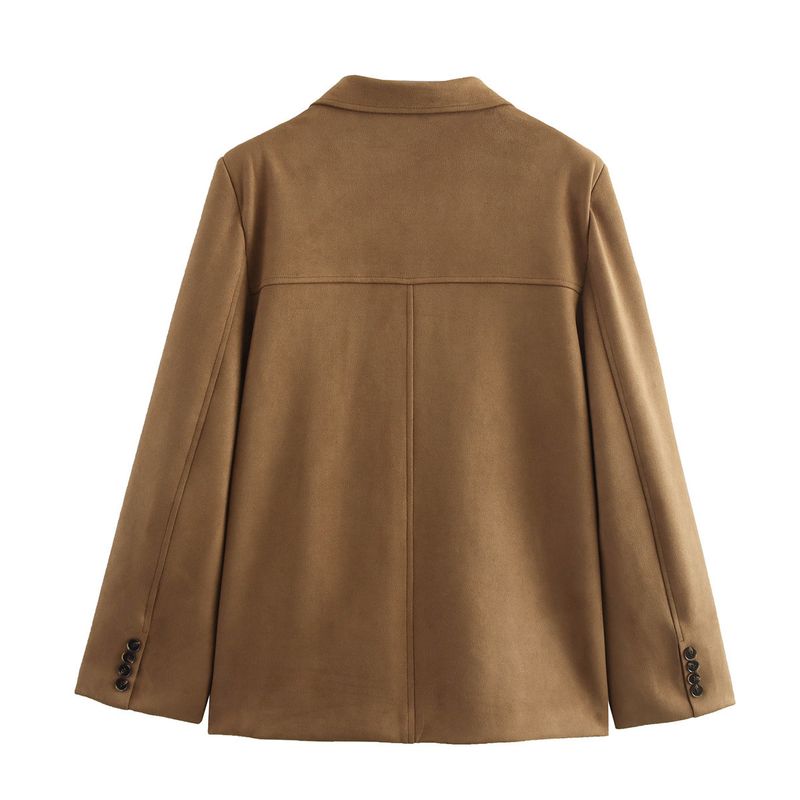 Veste blazer oversize à simple boutonnage pour femme – Manteau long à col à revers, texture daim, style décontracté automne-hiver_voghion.com