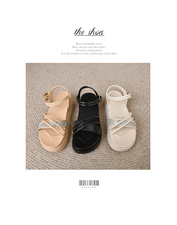 2023 nueva plataforma de suela suave que mejora la comodidad, plataforma impermeable versátil, sandalias romanas transpirables con una sola hebilla de diamantes de imitación para mujer de verano_voghion.com