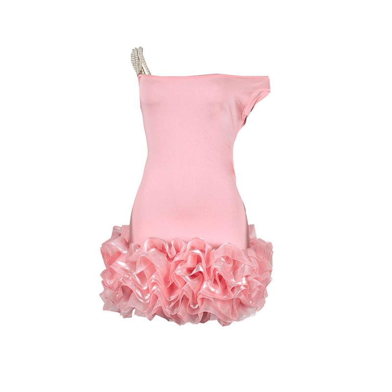 Women's Clothing Sexy Sleeveless Oblique Shoulder Elastic Slim Mesh Splicing Fungus Lace Dress_voghion.com