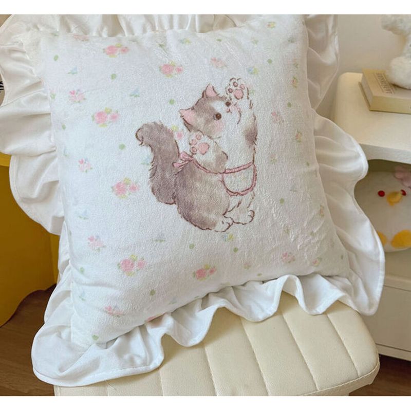 Cute Cartoon Print Square Cushion With Filling, Stylish, Elegant And Beautiful, Niche Design, Lace Trim, Removable And Machine Washable_voghion.com
