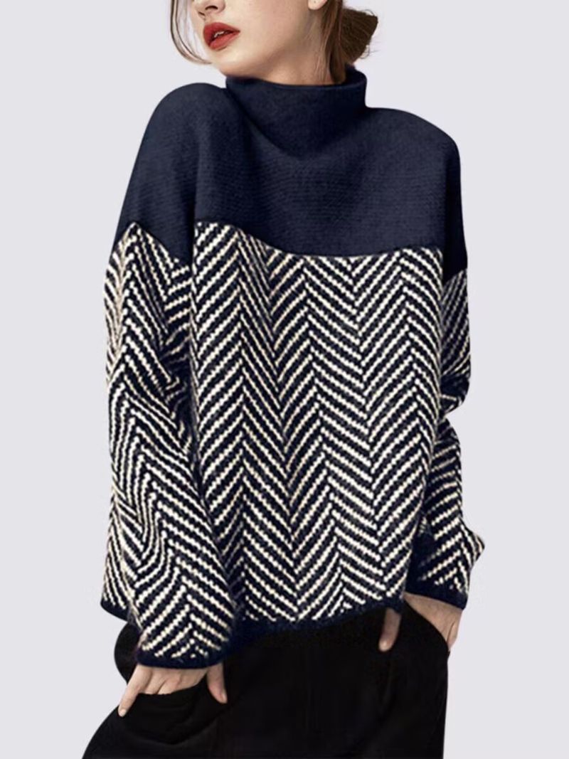 Moda avanzata con blocchi di colore a strisce, nuovo articolo giovane ed elegante per autunno inverno, collo semi alto, maglia spessa e calda_voghion.com