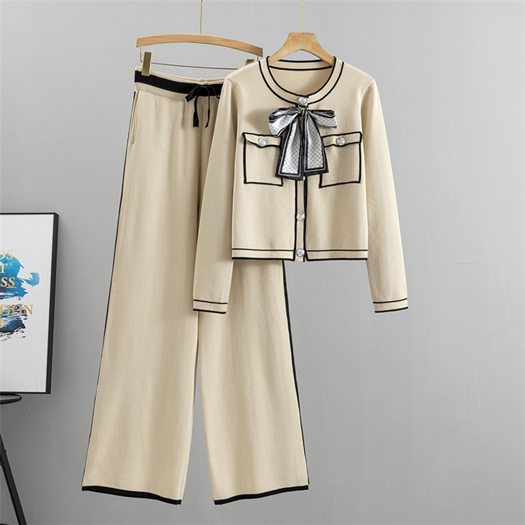 Women's fashion professional suit age-reducing temperament knit cardigan style wide leg pants two-piece set_voghion.com