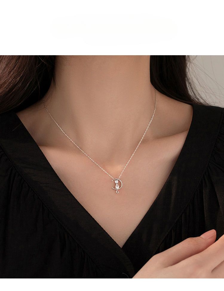 Moon Cat Necklace Women, Ins Style, Simple Luxurious, Niche Design, Collarbone Cute, Gift For Friends And Besties_voghion.com