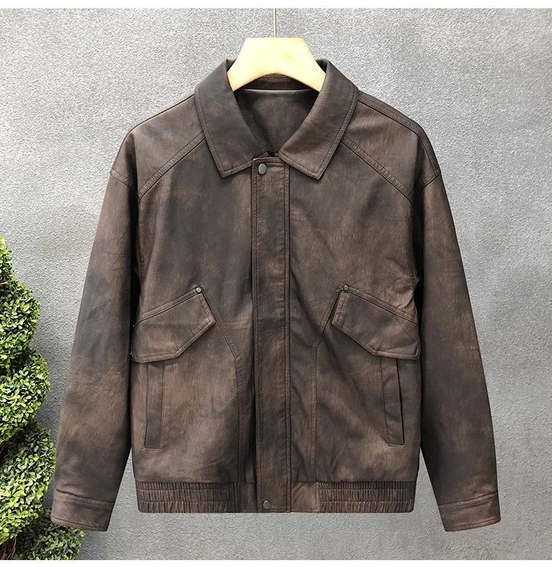 "Men's Retro PU Leather Jacket – Slim-Fit Biker Coat With Stand Collar & Side Pockets (Charcoal/Coffee, L-3XL)"_voghion.com