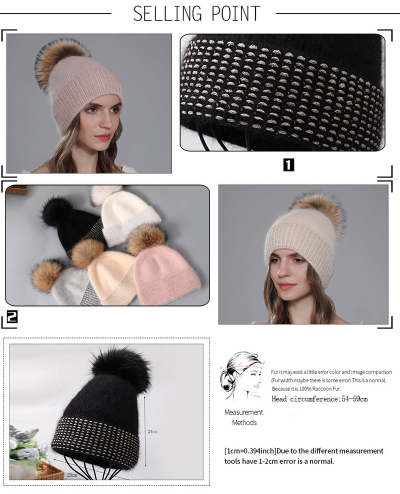 Echter Waschbärfellball für Damen, warm gestricktes Kaninchenhaar für Kinder, modische Wintermütze aus Wolle_voghion.com