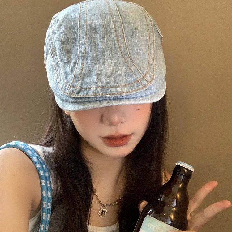 2025 Neue gewaschene Denim-Cap für Damen, vielseitig für Sommer und Herbst, großer Kopfumfang, gesichtsschlank machend,_voghion.com