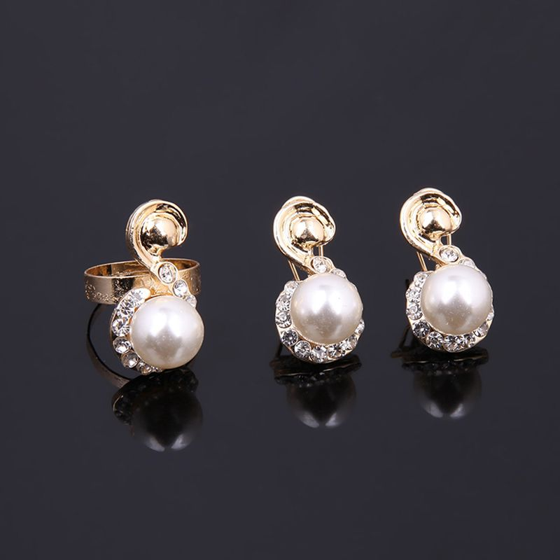 Qianbihe Women Pearl Inlaid Rhinestone Necklace Bracelet Stud Earrings Ring Jewelry Set_voghion.com