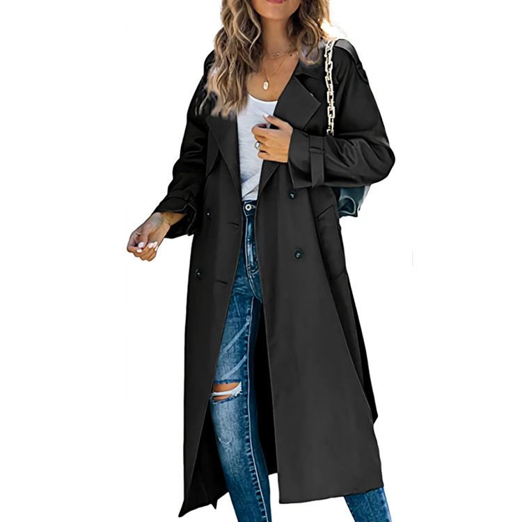 Women's windbreaker long elastic belt casual solid color windbreaker coat in autumn and winter_voghion.com
