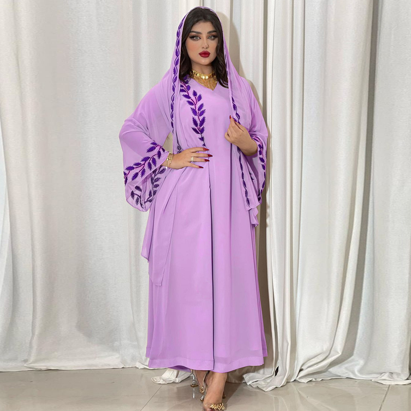 Damenmode Street Chiffon langes muslimisches besticktes rosafarbenes Rundhalskleid mit Hijab_voghion.com