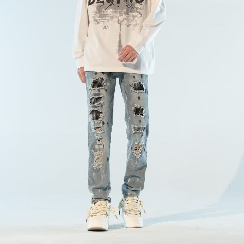 Men's new high street brand hot drill ripped patch distressed washed light stretch slim fit jeans_voghion.com