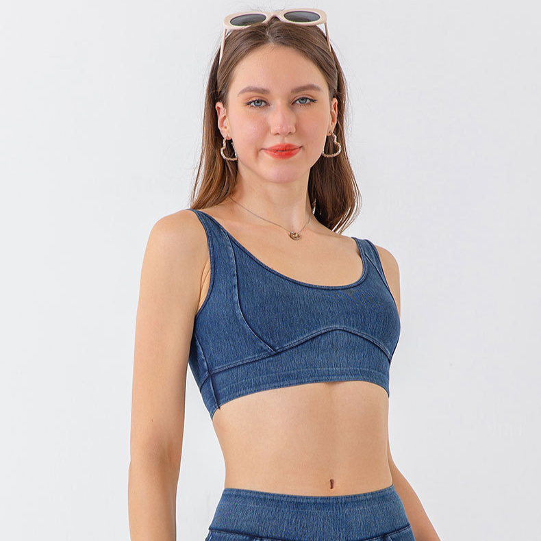 Reggiseno fitness push-up antiurto ad alta resistenza elastico aderente da donna in denim per yoga_voghion.com