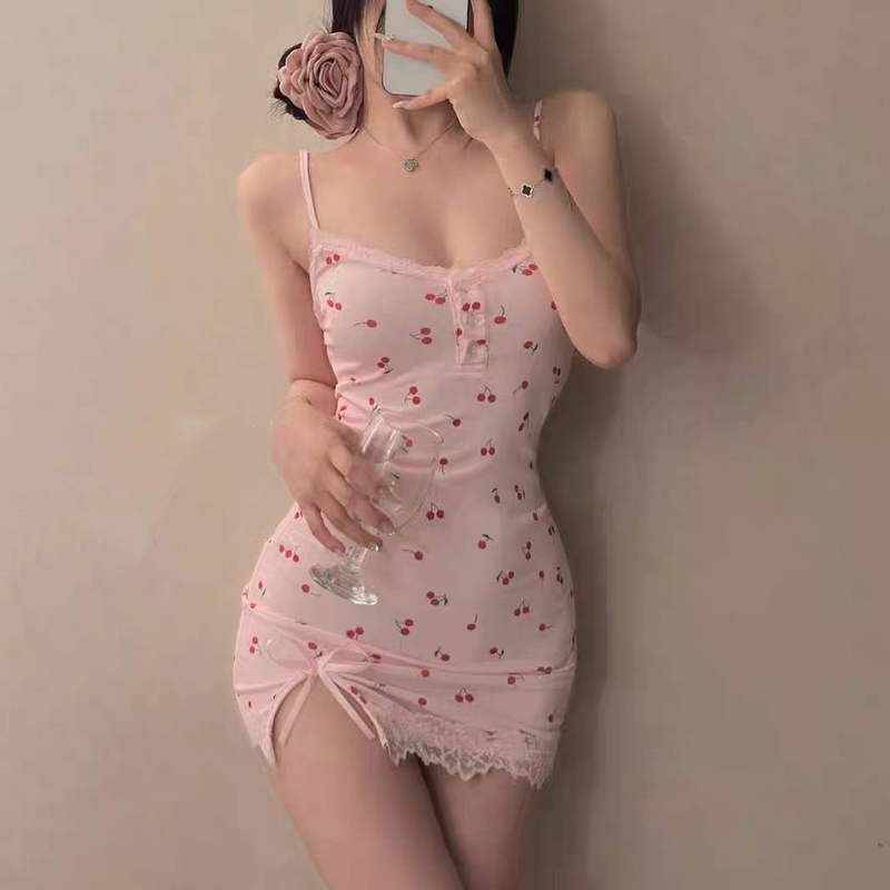 Prodotti sessuali Pigiama Tentazione Piccola Ciliegia Sexy Camicia da notte Stile Imbottitura per il petto Stile Puro Desiderio Reggicalze Camicia da notte_voghion.com