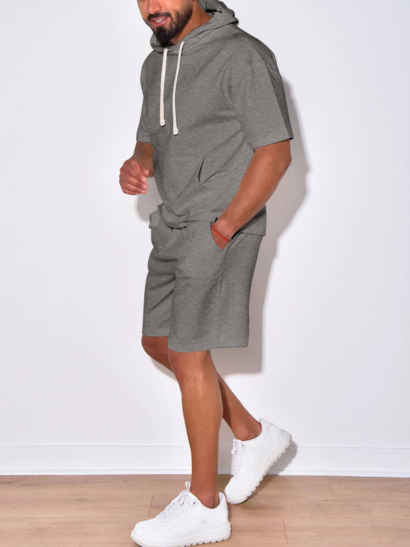 Nuovo prodotto 2025, abbigliamento sportivo casual da uomo europeo e americano, a maniche corte e pantaloncini, con cappuccio, tinta unita, due pezzi_voghion.com