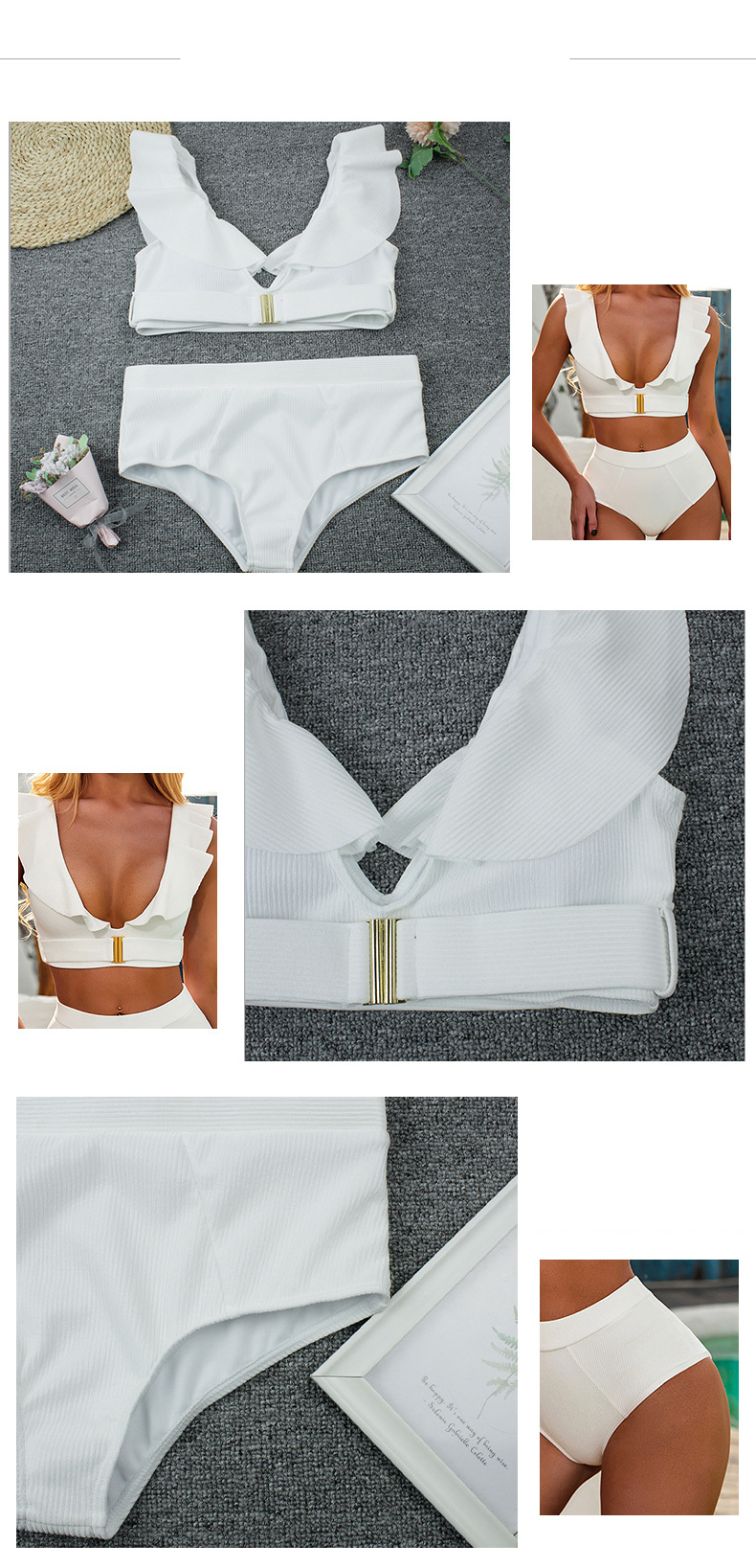 V-hals bikiniset voor dames met metalen gespen en ruches - triangelbikinibroekje met hoge taille en push-uptop - witte badkleding voor strand en zwembad_voghion.com