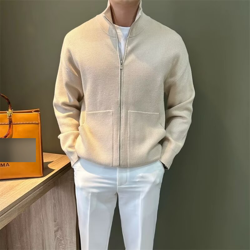 Men's Slim Fit Zip-Up Knit Cardigan - Solid Color Stand Collar Sweater Jacket For Autumn & Winter, Casual Outerwear_voghion.com