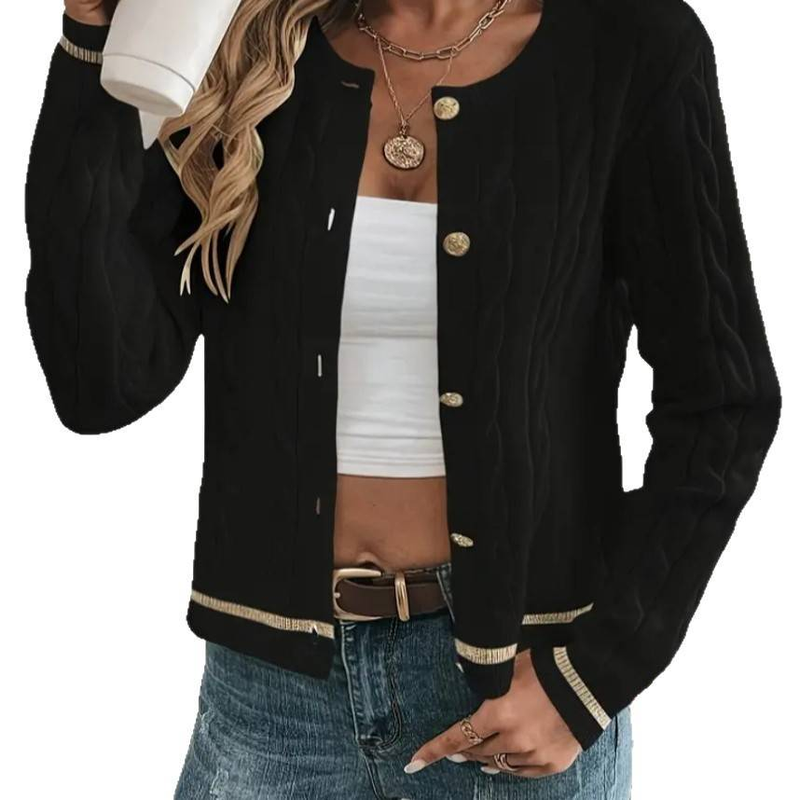 Cardigan in maglia a trecce con bottoni sul davanti - Pullover invernale morbido e caldo per donna (nero, XS/S/M/L/XL)_voghion.com